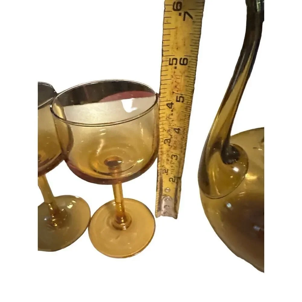 Vintage Cruet Side Spout Amber Glass Decanter  Pitcher Handblown & 2 Glasses MCM